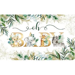 Allenjoy 70.8" x 43.3" Safari Baby Shower Backdrop Jungle Animals Oh Baby Party Banner Gold Greenery Leaves Decor Wild Gender Neutral Party Decorations Supplies