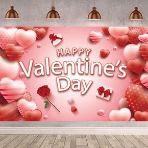 Valentines Backdrop Banner, Large Happy Valentines Day Banner Decorations, Rose Red Heart Valentine Poster Background Photo Porch Hanging Sign for Outdoor Indoor Wall Garden Valentine's Day Party