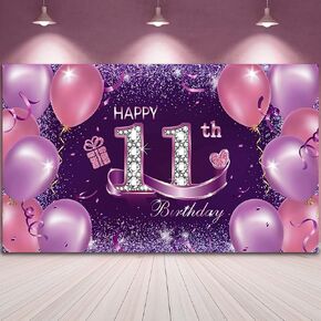 Happy Birthday Party Decorations, Large Fabric Happy 11th Anniversary Birthday Backdrop Photo Booth Background with Rope for Girls Birthday Party Favor Banner, 72.8 x 43.3 Inch, Pink Purple