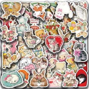 50 Pcs Vintage Aesthetic Stickers, Vintage Animals Clipart Stickers for Water Bottles, Cute Bird Cat Scrapbook Aesthetic Sticker, Vintage Junk Journal Decal Teens Adults