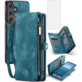 Asuwish Phone Case for Samsung Galaxy S25 Plus S25+ 5G Zipper Wallet Magnetic Detachable Cover with Tempered Glass Screen Protector and Flip Card Holder Cell S25plus 25S + S 25 25+ Women Men Blue