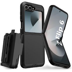 for Samsung Galaxy Z Flip 6 Case with Kickstand Belt Clip, Heavy Duty Military Grade Drop Protection Full Body Shockproof Rugged Protective Holster Phone Case for Samsung Galaxy Z Flip 6 (Black)