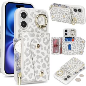 for iPhone 16 Case Wallet with Card Holder - Zipper Pocket,Credit Card Slots,RFID Blocking,Stand Ring,PU Leather Double Snap Cover for Women and Men(White Leopard,6.1 Inch)
