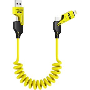 Zuslab 4-in-1 Coiled USB-C to Lightning/Type-C 65W Fast Charging Cable, CarPlay & Android Auto Compatible, Compact Design, Multi-Device Charging for iPhone, iPad, Samsung & More