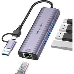 USB 3.0 Ethernet Adapter, USB C Hub with RJ45 1000 Gigabit Ethernet Ports, 3 USB 3.0 Data Transfer Ports and 1 USB C Data Transfer Port, USB C to Network Adapter for MacBook Pro/Air, Chromebooks