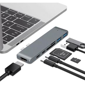 محطة Mini Dock Hub 7-in-2 Multiport لـ MacBook ، النوع C ، الرمادي ، 4K HDMI ، 2 USB 3.0 ، 2 PD شحن سريع ، فتحات بطاقة SD/TF ، Thunderbolt 3