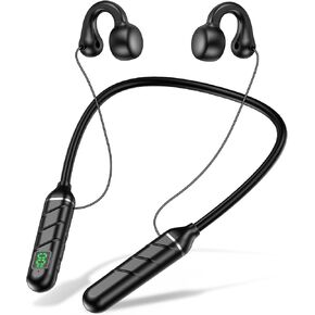 kurdene Open Ear Clip Bluetooth Wired Headphones,Neckband Earphones with TF Card Socket,100H Extra Long Playtime with Mic Clear Call Sport Bone Conduction for Running, Riding and Skating-Black
