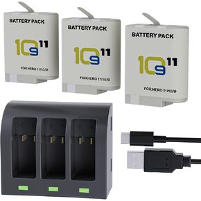 F1TP 3-Pack 2000mAh Go Pro 12 11 10 9 Batteries and 3-Channel LED USB Storage Charger Compatible with Go pro Hero 12, Hero 11,Hero 10, Hero 9 Black