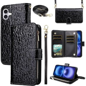 Luxury Wallet Case for iPhone 16 6.1 inch with Flip Zipper Purse Wrist Strap Shoulder Strap, Reflection Pleated Pattern PU Leather Card Holder Stand Phone Cover for i Phone16 i16 16Case Black
