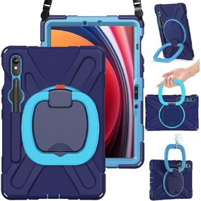 BRAECN Kids Case for Samsung Galaxy Tab S9 FE 10.9 Inch/ S9 11 Inch 2023 SM-X510/X710, Heavy Duty Shockproof Silicone Case with S Pen Holder, Rotating Handle Grip, Carrying Strap, Kickstand, Navy Blue