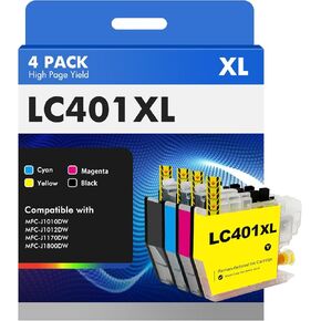 LC401 LC401XL MFC-J1010DW Ink Cartridges for Brother Printer LC 401 401XL for MFC-J1010DW MFC-J1170DW MFC-J1012DW MFC-J1800DW MFC J1010DW - 4 Pack High Yields Black Cyan Magenta Yellow