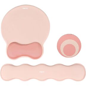 MOSISO Mouse Pad with Wrist Support&Wave Shaped Keyboard Wrist Rest, Curved Ergonomic Mousepad with Raised Bow Shaped Memory Foam, Non-Slip Base Home/Office Pain Relief&Easy Typing Pad&Coaster, Pink