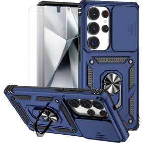 for Samsung Galaxy S25 Ultra Case with Camera Lens Cover HD Screen Protector, Military-Grade Drop Tested Magnetic Ring Holder Kickstand Protective Phone Case for Samsung Galaxy S25 Ultra (Navy Blue)