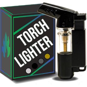 Pocket Torch Lighter with Clear Reservoir - Refillable, Multi-Color Options, Adjustable Flame for Outdoor and Everyday Use - Black