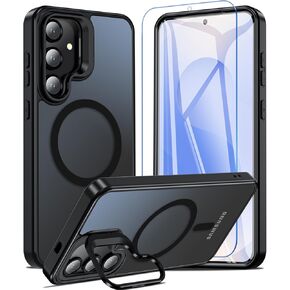 Hensinple for Samsung Galaxy S25 Plus/S24 Plus Case with Stand, Magnetic S25+/S24+ Plus Case for Mag-safe with Screen Protector,Shockproof Protective Matte Phone Cover Case for Galaxy S25+/S24+(Black)