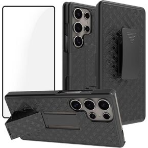 Ailiber for Samsung Galaxy S25 Ultra Case with Belt Clip, Samsung S25 Ultra Phone Case Holster with Screen Protector, Swivel Kickstand Holder, Slim Shockproof Shell Pouch Cover for S25Ultra 5G-Black