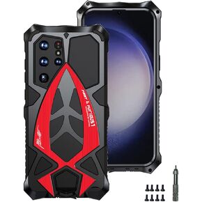 Galaxy S23 Ultra Case Heavy Duty Military Protective Cover for Man with Screw Fixed Integrated Metal and Rubber Outdoor Cases for Samsung S23 Ultra 2023 - Red