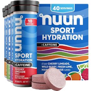 Nuun Sport + Caffeine Electrolete أقراص - قابلة للذوبان في الماء ، صندوق نكهة مختلطة ، 5 شوارد أساسيات للترطيب ، مزيج مشروب السكر 1G ، نباتي ، غير محلي ، 4 حزمة (40 حصص)