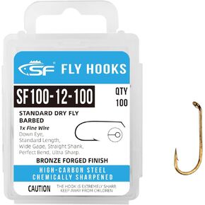 SF #16 Standard Dry Fly Fishing Hooks Ultra Sharp Micro Barbed Wide Gape Bronze Forged for Dry Flies with Mini Storage Box 100Pcs
