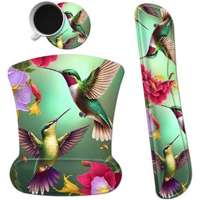 Ergonomic Mouse Pad with Wrist Support Gel Mouse Pads and Upgrade Keyboard Wrist Rest Pad Set, Coasters Non-Slip PU Base Mouse Mat for Office Gaming Computer Laptop Home, Hummingbird Flower