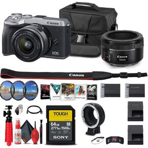 Canon EOS M6 Mark II Mirrorless Camera with 15-45mm Lens (Silver) + Canon EF-M Lens Adapter + Canon EF 50mm Lens + 64GB Tough Card + Case + Filter Kit + More(Renewed)