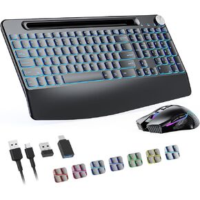 2.4G Wireless Keyboard with Mouse, Backlit Wireless Keyboard Mouse Combo,Rechargeable,with 7 Colored Backlits &Phone Holder &Wrist Rest &jiggler Mouse.Lighted up Full Size for Mac Windows Laptop PC