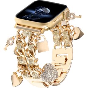 Cuban Chain Metal Band Compatible with Apple Watch Bands 49/46/45/44/42/41/40/38mm Women,Stylish Cowboy Link with Cute Charms Pendants Dressy Wristband for iWatch Series 10 Ultra 2 9 8 7 6 5 4 3 2 SE