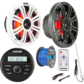 Kicker All-Weather Marine Gauge Style Bluetooth USB Media Center Stereo Receiver, 2X 6.5 195 Watt Max Multicolor LED Speakers w/White, Charcoal Grilles, LED Remote, Long Range Antenna, Speaker Wire