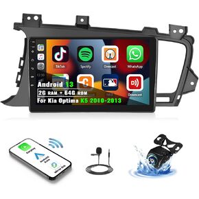[2+64G Android 13] Car Stereo Bluetooth for Kia Optima K5 2010-2013 with Wireless Apple Carplay &Android Auto/Mirror Link,9" Touch Screen GPS Navigation with FM/RDS,WiFi,SWC+Backup Camera&MIC