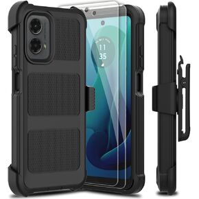 for Motorola Moto G 5G 2024 Case with 2 Pack Tempered Glass Screen Protector, [Holster Series] Belt Clip Hard Tough Heavy Duty Rugged Shockproof Protective Cell Phone Case (Black)
