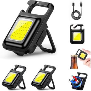 Cob Keychain Work Light Keychain Flashlights Folding Bracket Bottle Opener Magnetic Base Small Emergency Light, 3 Light Modes, Small Emergency Light for Fishing Walking Camping(3Pack)