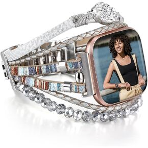 Leather Beaded Bracelet Compatible with Fitbit Versa 4/Versa 3 Bands/Fitbit Sense 2/Sense Bands for Women Men, Cute Handmade Multilayer Wrap Boho Strap for Fitbit Sense 2/Versa 4/Versa 3 Smartwatch (Pink/Black/Silver/Beige)