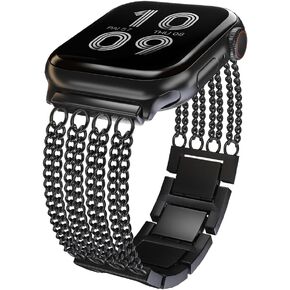 Compatible with Apple Watch Band 41/40/38/44/45/46/49/42mm Women Men, Adjustable Stainless Steel Metal Chain Strap Tassel Metal Link Bracelet Wristband for iWatch Series 10 9 8 7 6 5 4 3 Ultra SE