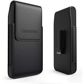 Mobile Vogue by Reiko Premium Eco-Friendly Leather Phone Pouch Belt Clip Holster Compatible with iPhone/Galaxy/Stylo/Android Phone with Protective Case on (Black-MV385, 6.1 x 3.2 x 0.7 in)