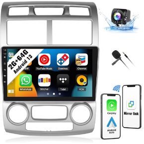 SIXWIN Android Car Stereo for KIA Sportage 2005-2010 Auto AC with Wireless CarPlay Android Auto Mirror Link 2G+64G 9 Inch Touchscreen Bluetooth GPS Navigation WiFi FM Backup Camera MIC
