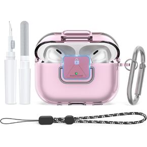 Secure Lock for AirPods Pro 2 Clear Case Shockproof Protective TPU Cover Compatible with Apple Airpods Pro 2nd/1st Generation with Keychain/Lanyard/Cleaner Kit (Clear Pink)