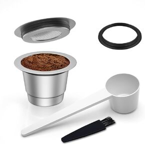 Lianlai Stainless Steel Coffee Pod, Reusable Coffee Pods for Nespresso Original, Metal Reusable Coffee Capsules (1 Pack Coffee Pod, Plastic Spoon, Cleaning Brush)