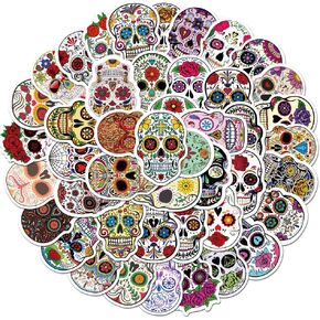 50 Pieces Skull Stickers Halloween Sugar Skull Decals Dia de Los Muertos Mexican Day of Dead Sticker for Laptop Water Bottle Luggage Bike Computer