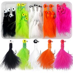 Crappie Jigs Heads Marabou Feather Jigs lures مع Head Head Hooks Crappie Fishing Eugs for Panfish Trout Bass Walleye 1/8oz 1/16oz 1/32oz