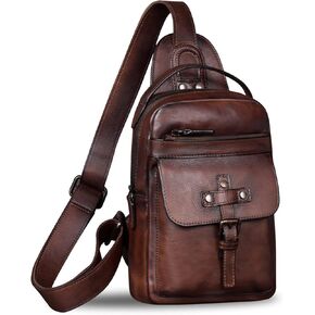 Genuine Leather Sling Bag Chest Shoulder Fanny Bag Hiking Backpack Vintage Handmade Crossbody Daypack