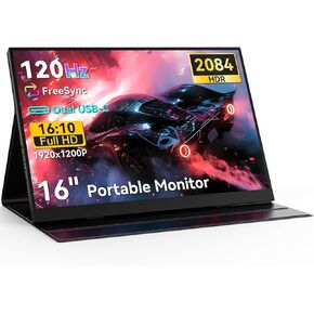 16 inch Portable Monitor, 100% sRGB FHD IPS Display 120Hz HDR FreeSync Gaming Monitor w/VESA & Smart Case, Matte Eye Care Metal Shell External Second Monitor for Laptop Phone PC Xbox Switch PS4/5