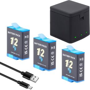 Hero 12/11/10/9 Battery 3Pack 2000mah with 3-Channel Type-C Charging Cord Storage Fast Charger Fully Compatible for GoPro Hero 12, Hero 11, Hero 10, Hero 9 Black Official Camera Battery Charger 3.85V