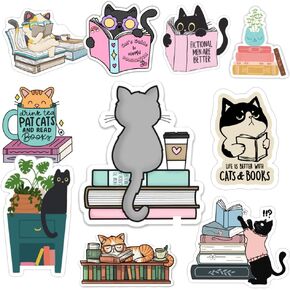 Book Cat Stickers for Kindle and Laptop Decals | Perfect Gifts and Accessories | Ideal for Book Lovers, Featuring Coffee,Cat,Books