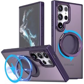 for Samsung Galaxy S22 Ultra/S23 Ultra Case with Stand, 360°Rotatable Magnetic Ring Kickstand, Compatible with Magsafe, Military Grade Shockproof Translucent Protective Case - 6.8 inch, Purple