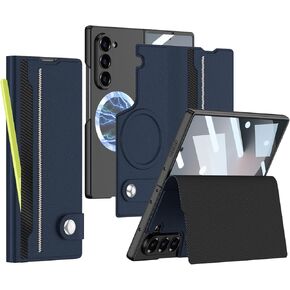 for Samsung Galaxy Z Fold 6 Leather Case with Card Slots, Kickstand, Anti-Shock, Magnetic Buckle, Compatible with Magsafe Magnetic Wireless Charging.(Blue)