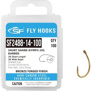 SF Short Shank Nymph Hooks Ultra Sharp Micro Barbed 3X Wide Gape Bronze Forged for Shrimp Caddis Pupa Nymphs Mayfly Midge Emergers with Mini Storage Box #14 100Pcs