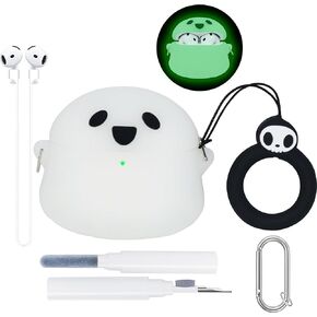 Cute Cover for AirPods 4 4th Generation Case, Luminous Ghost Skin for AirPods 4th Generation Case 2024 [Active Noise Cancellation] with Cleaner Kit, 5 in 1 Set Anime Funny Silicone Gen 4rd Case -White