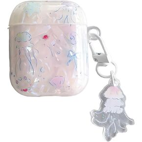 for AirPod case,Cute Jellyfish Cartoon Animal Print,Shiny sea Shell Gloss Design for Ladies and Girls with Keychain for AirPods 2nd Generation
