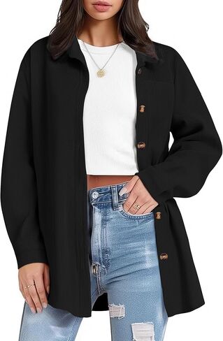 IN'VOLAND Womens Plus Size Corduroy Shirt Long Sleeve Button Down Shirts Fall Blouses Tops Casual Jacket Shacket in Kuwait