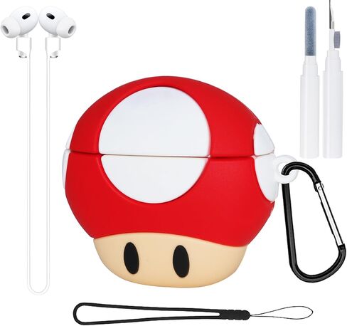 Cute Mushroom Case for AirPods Pro 2 Case Cover - 5 in 1 Kit 3D Anime Funny Cartoon Protective Silicone Case for AirPods Pro 2nd/1st Generation Case with Cleaner Pen & Wrist Strap - Red Mushroom Heads in Saudi Arabia